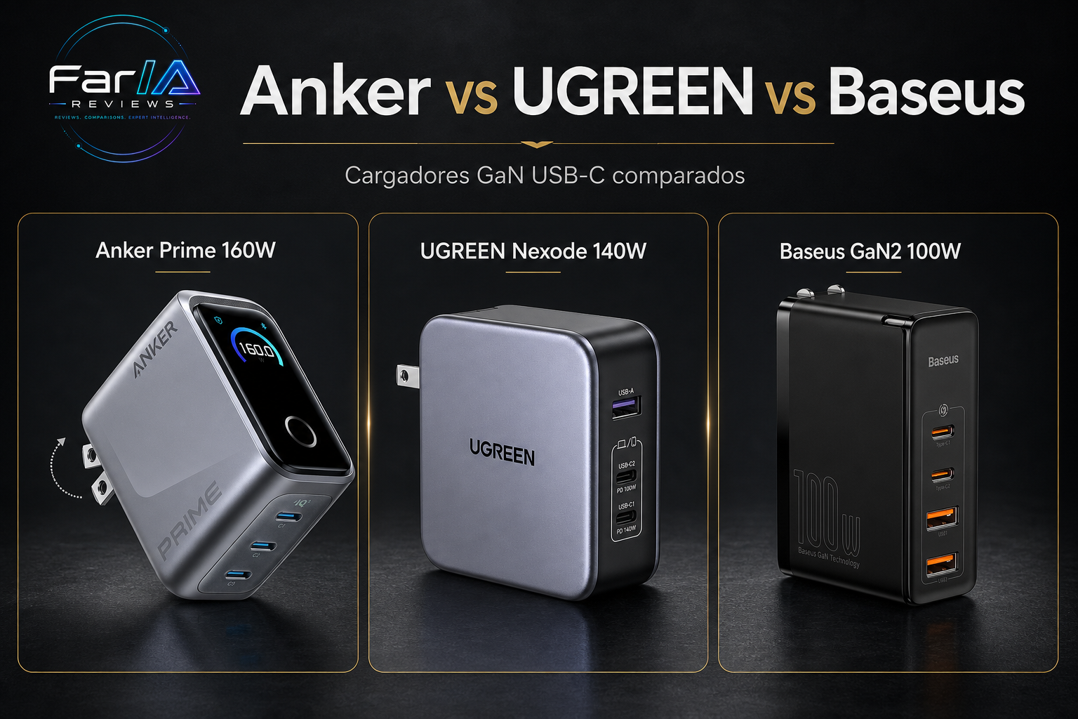 Comparativa Anker Prime 160W vs UGREEN Nexode 140W vs Baseus GaN2 100W