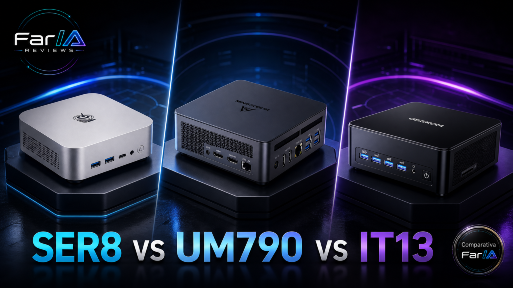 Comparativa SER8 vs UM790 vs IT13 con estética FarIA Reviews y producto real