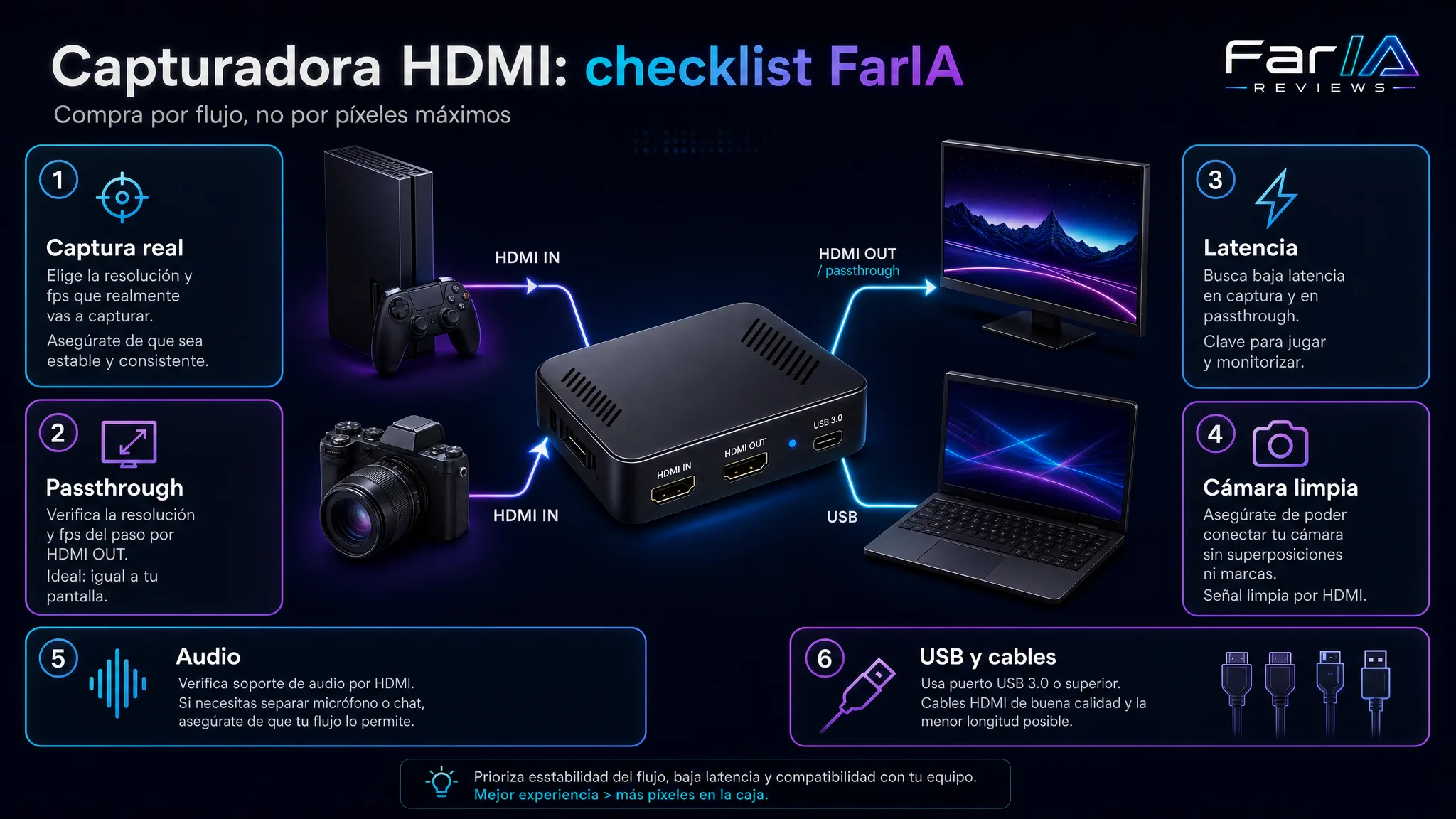 Infografía FarIA para elegir capturadora HDMI con captura passthrough latencia cámara limpia audio USB y cables