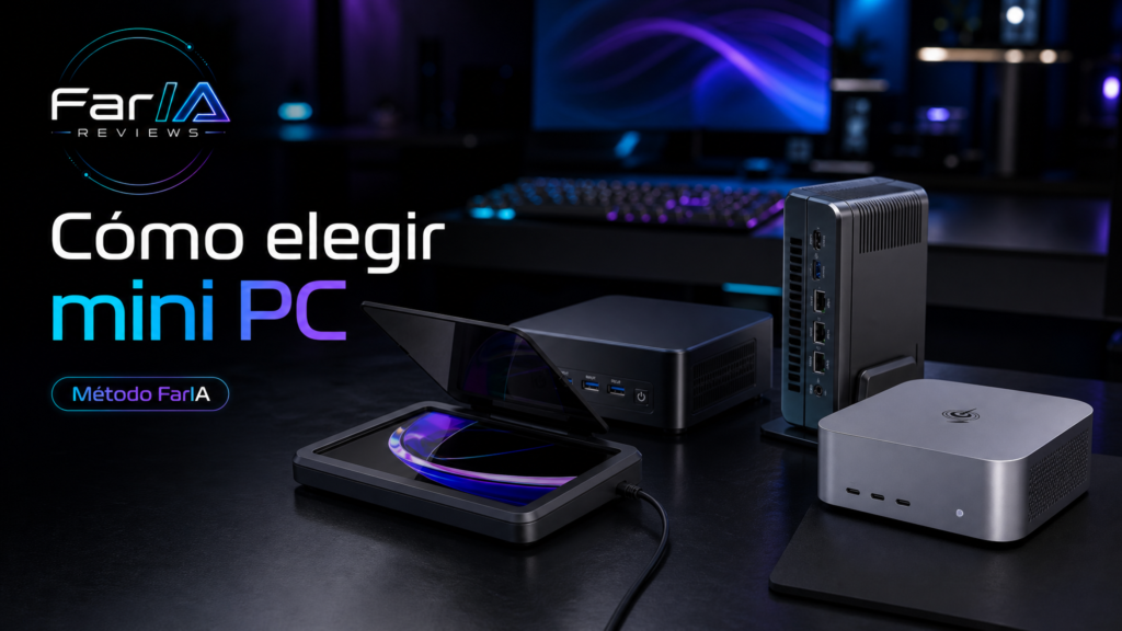 Cómo elegir mini PC compacto con producto real, logo FarIA Reviews y Método FarIA
