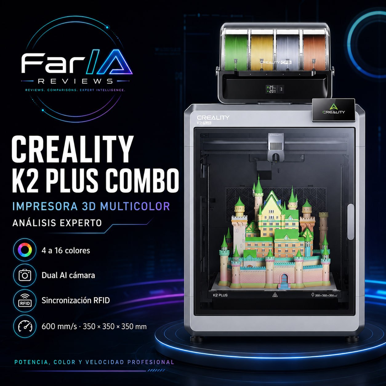 Creality K2 Plus Combo review: impresora 3D multicolor grande con FarIA Score