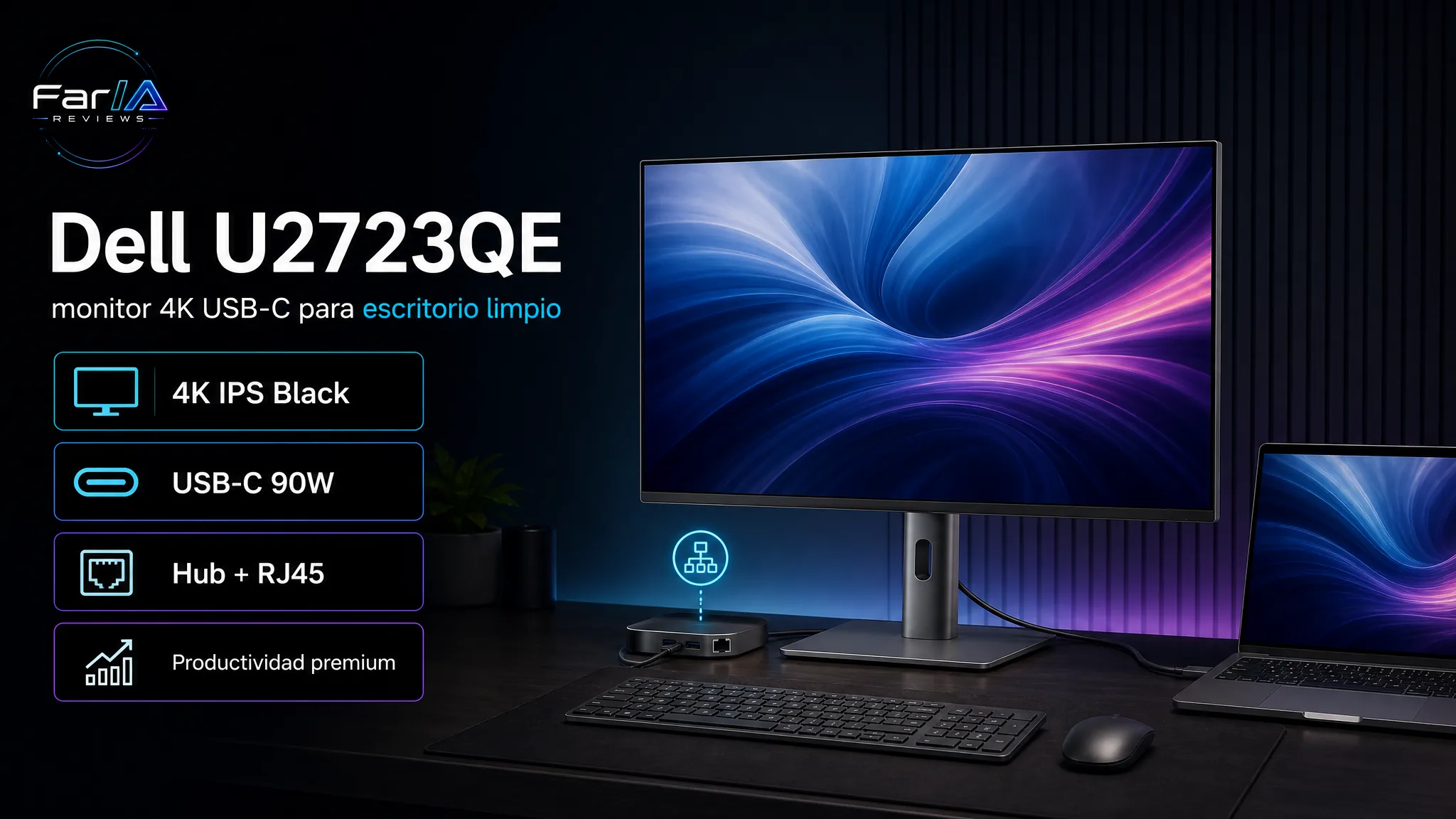 Infografía Dell UltraSharp U2723QE: monitor 4K USB-C con IPS Black, USB-C 90W, hub RJ45 y productividad