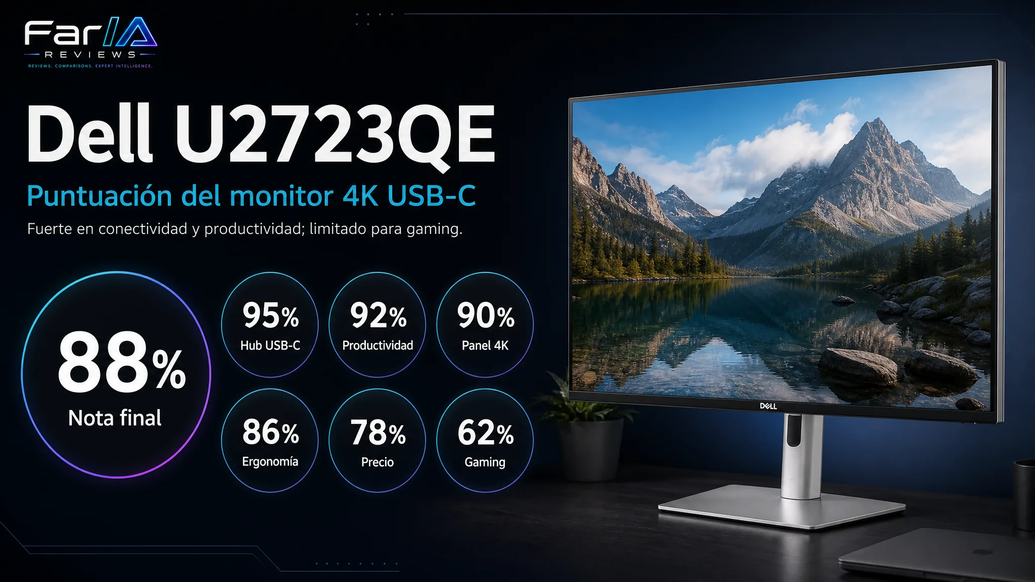 Infografía de puntuación del Dell UltraSharp U2723QE con 88% nota final y valoraciones de hub USB-C, productividad, panel 4K, ergonomía, precio y gaming