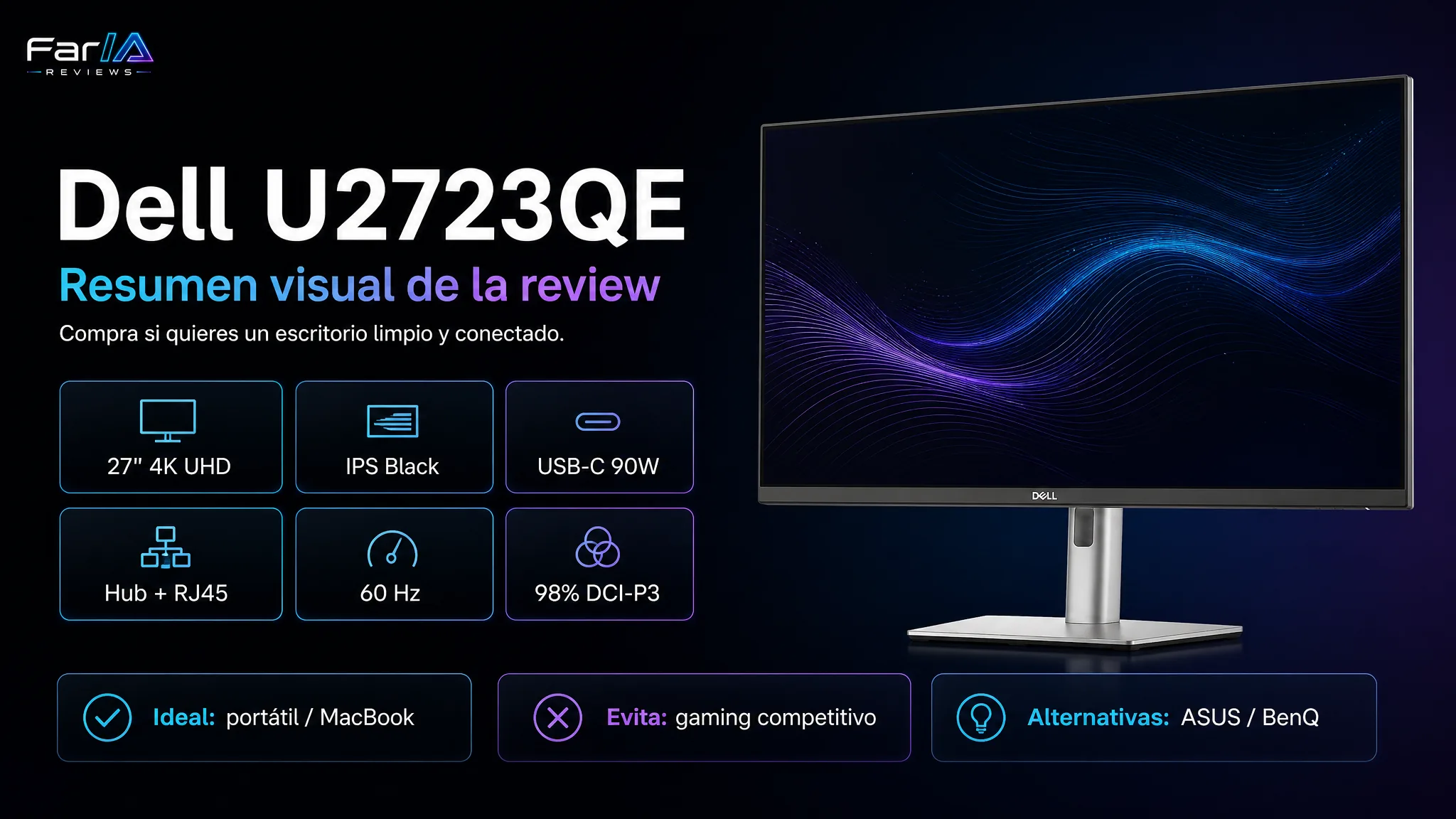 Resumen visual de la review del Dell UltraSharp U2723QE con datos 27 pulgadas 4K UHD, IPS Black, USB-C 90W, hub RJ45, 60 Hz y 98% DCI-P3