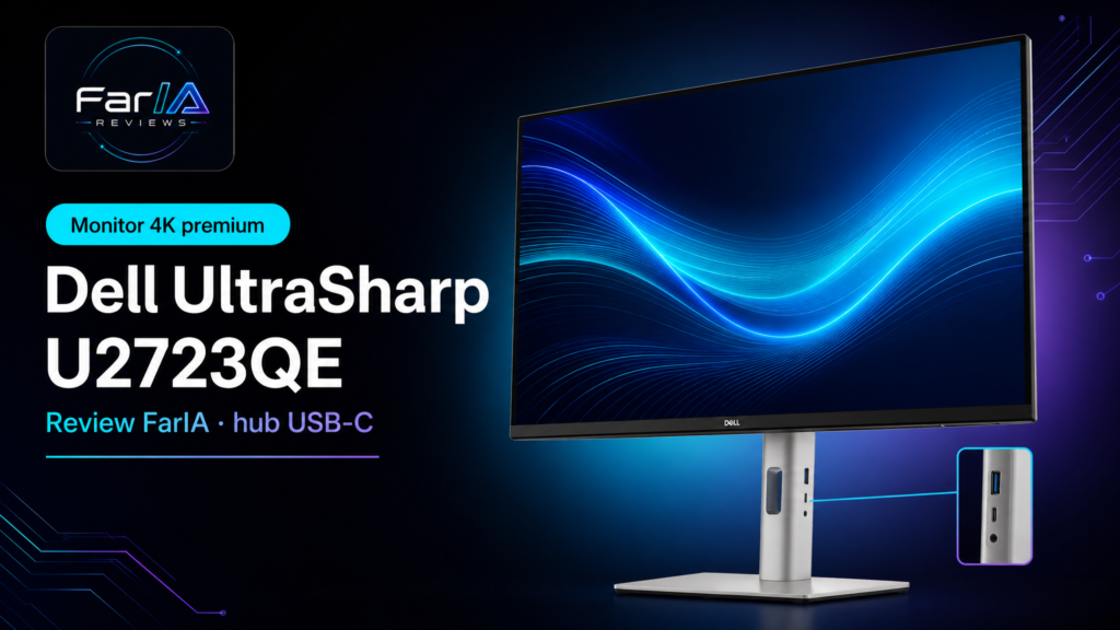 Dell UltraSharp U2723QE review FarIA con logo y texto editorial