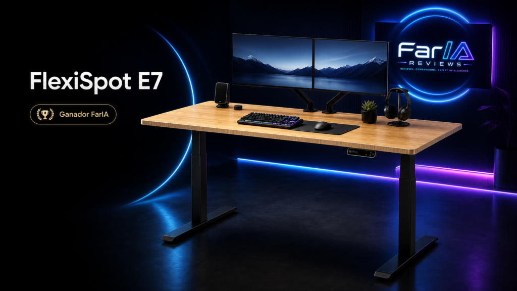 FlexiSpot E7 mesa elevable eléctrica en card editorial FarIA Reviews