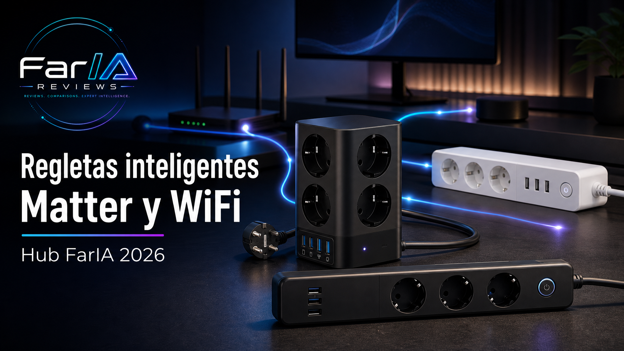 Hub FarIA Tech de regletas inteligentes Matter y WiFi para escritorio router y oficina en casa