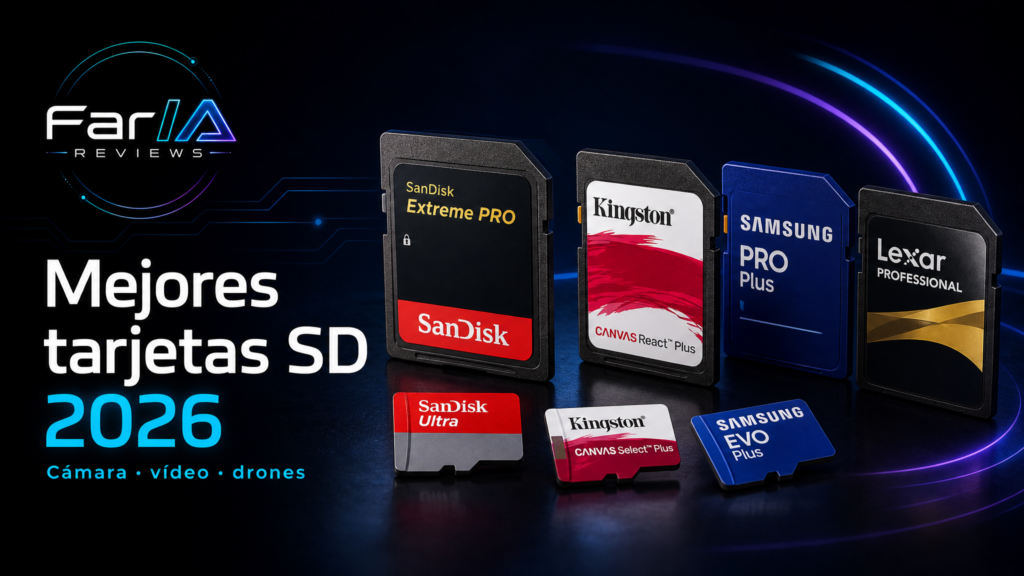 Mejores tarjetas SD y microSD 2026 para cámaras, vídeo y drones con estética FarIA Reviews