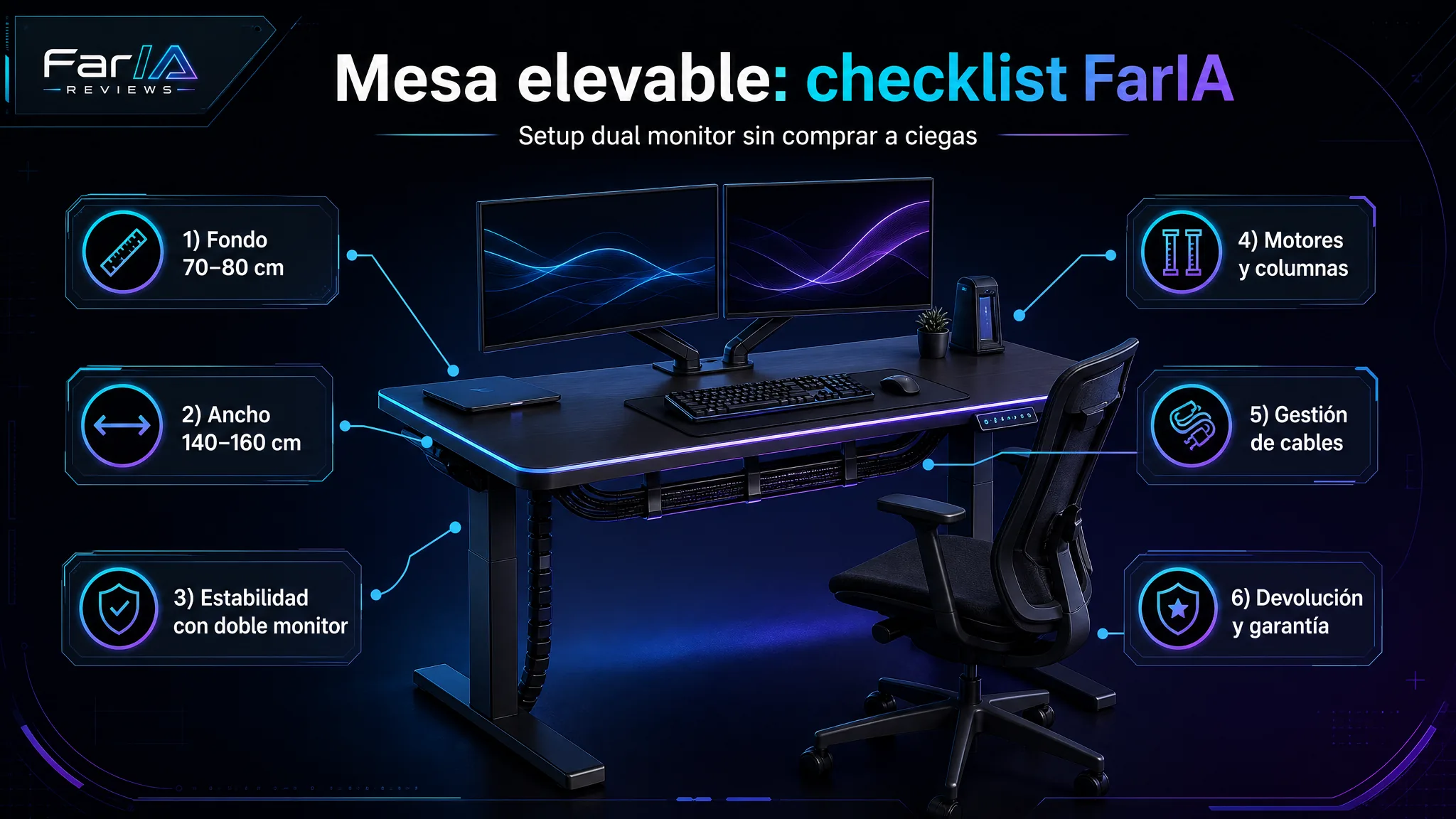 Infografía FarIA para elegir mesa elevable eléctrica en setup dual monitor