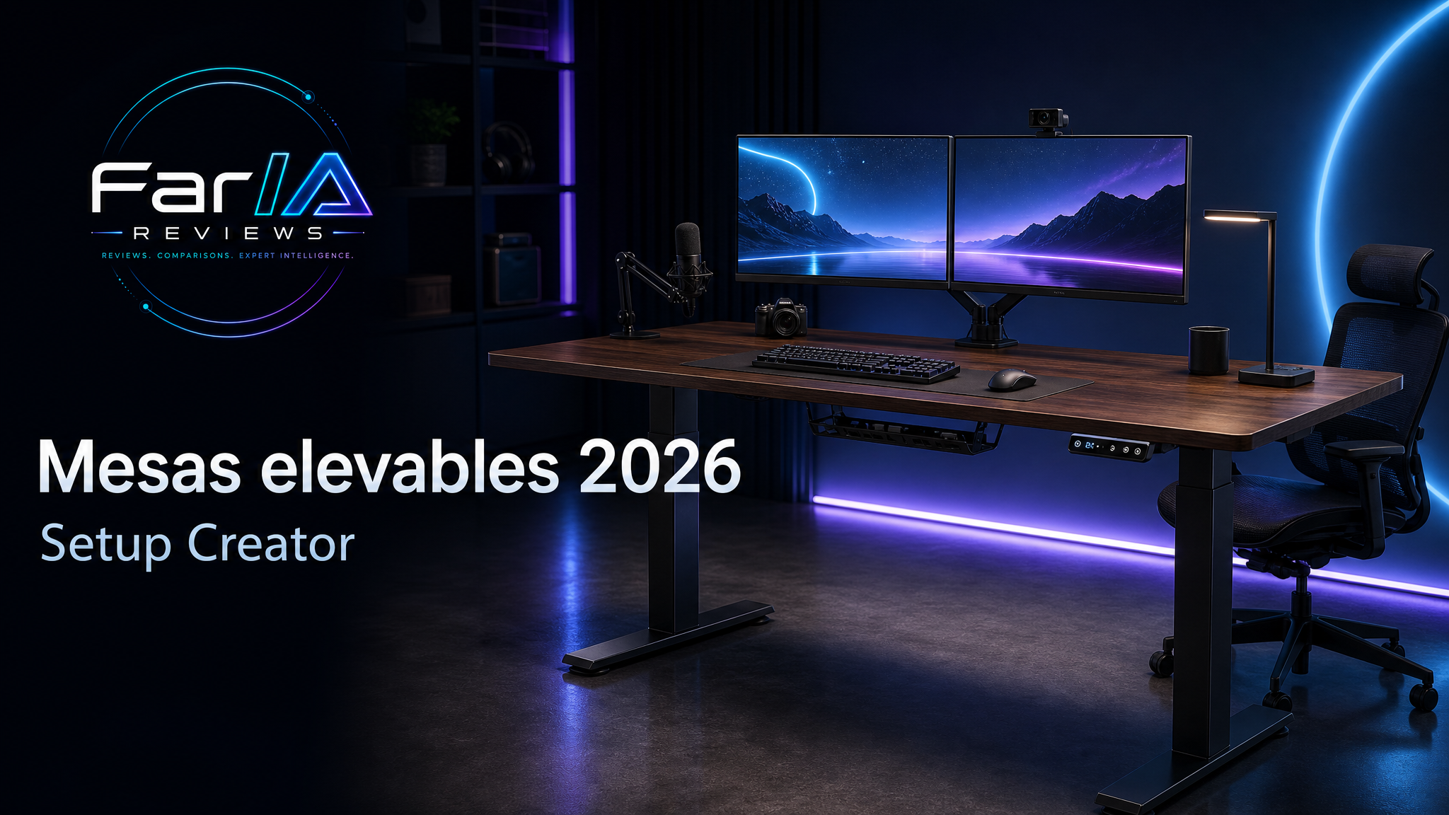 Hub FarIA Creator sobre mesas elevables eléctricas para setup