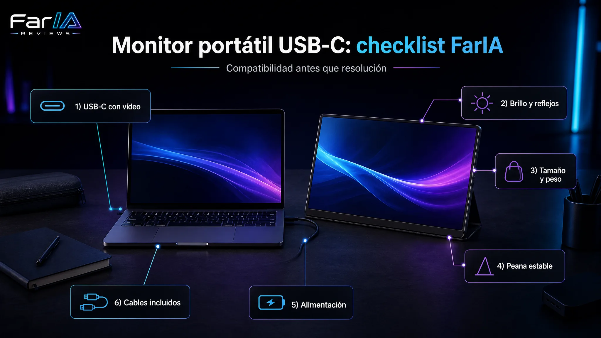 Infografía FarIA para elegir monitor portátil USB-C con compatibilidad brillo peana alimentación y cables