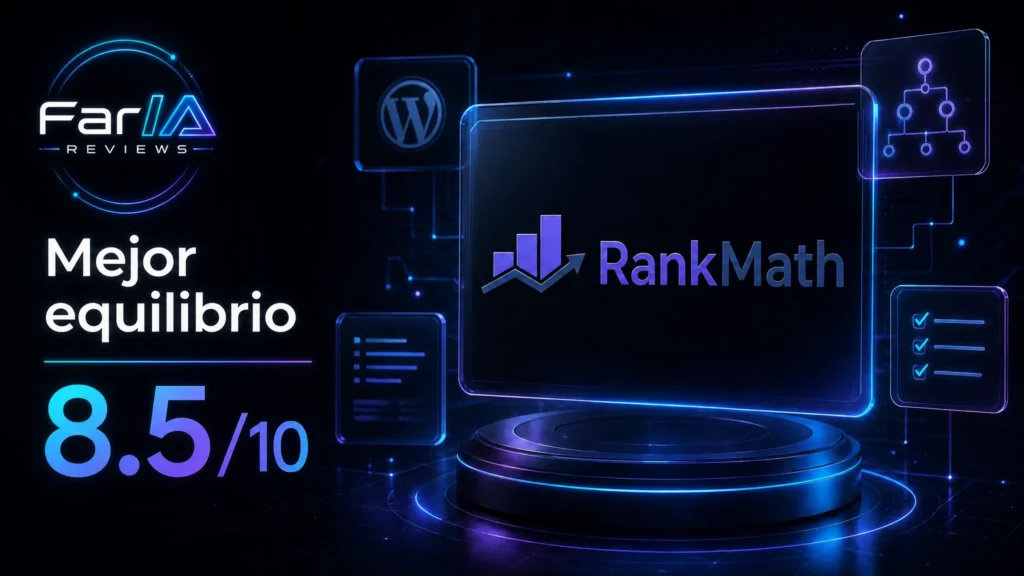 Rank Math SEO en ficha visual horizontal FarIA Reviews