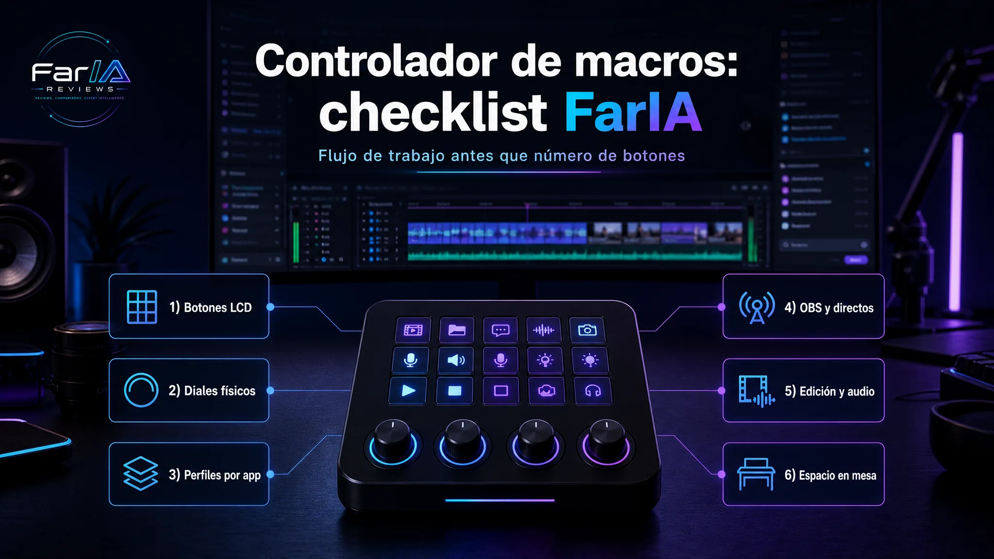 Infografía FarIA para elegir Stream Deck o controlador de macros con botones diales perfiles OBS edición y espacio en mesa