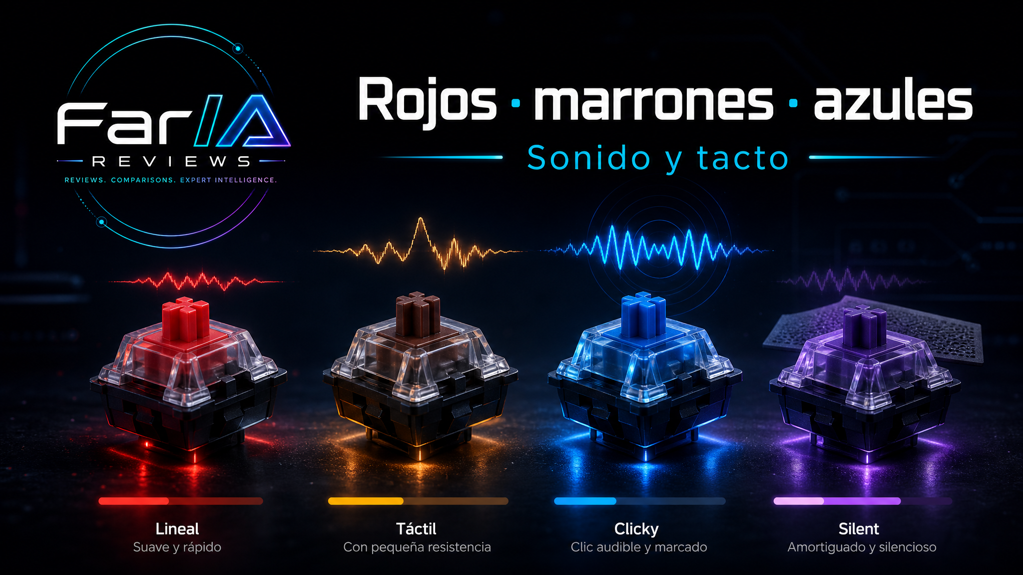 Comparativa visual FarIA de switches rojos marrones azules y silent por sonido tacto y reacción