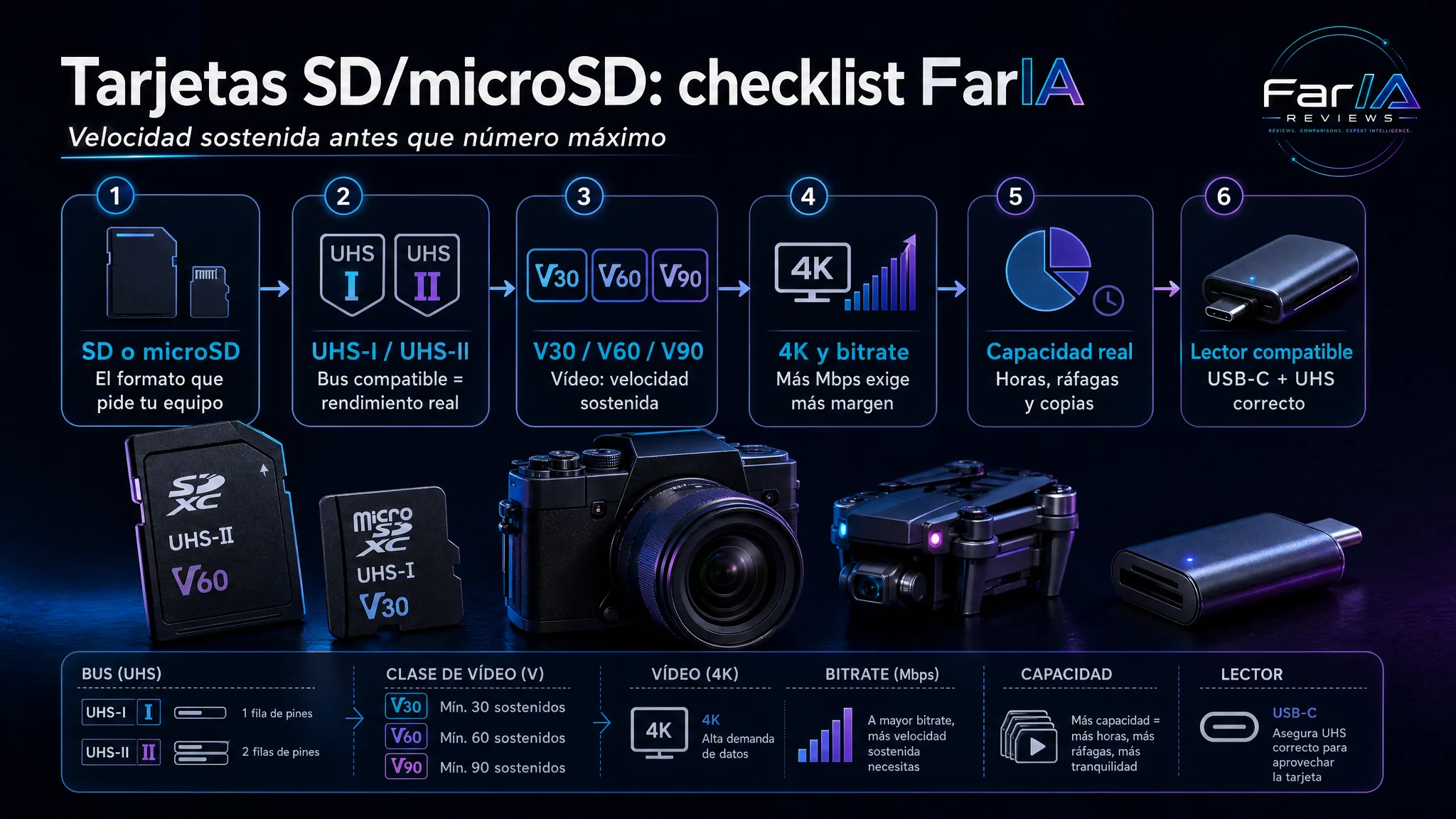 Infografía FarIA para elegir tarjeta SD o microSD con UHS V30 V60 V90 capacidad y lector compatible
