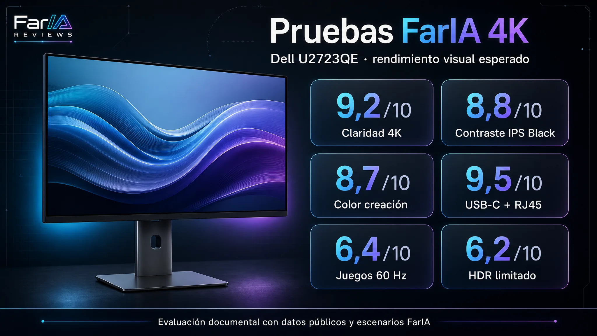 Infografía de Pruebas FarIA 4K del Dell UltraSharp U2723QE con scores de claridad 4K, contraste IPS Black, color, USB-C, RJ45, juegos 60 Hz y HDR limitado