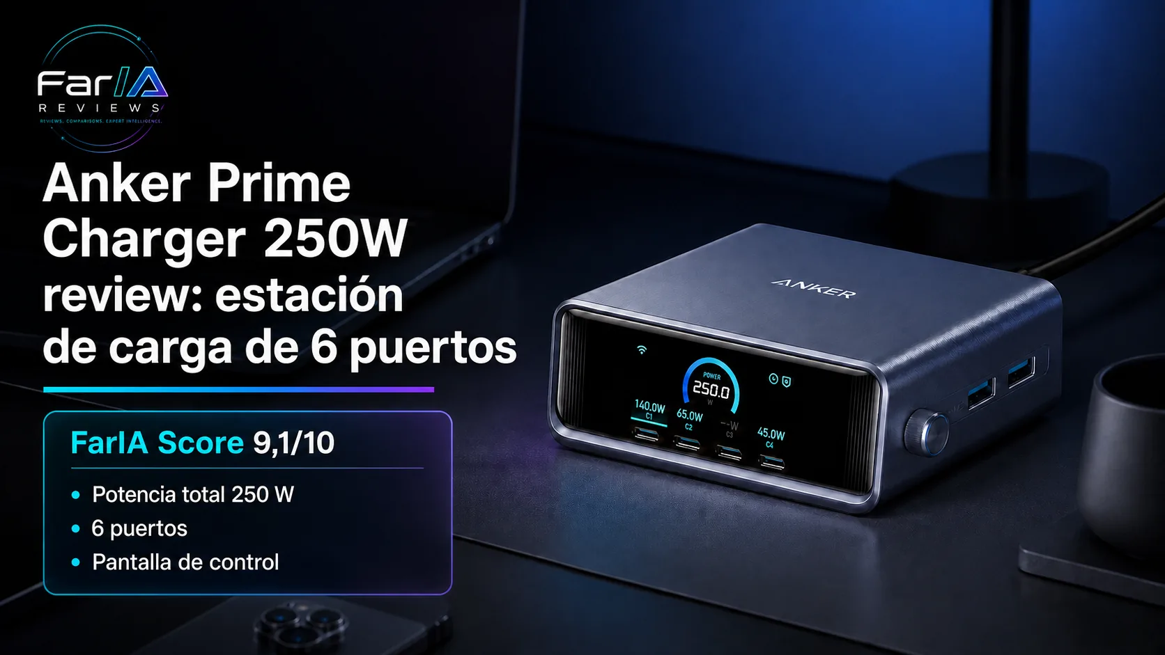 Anker Prime Charger 250W review: estación de carga de 6 puertos · infografía Image 2.0 con especificaciones, valoración y claves de compra FarIA