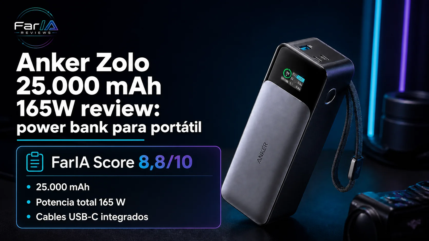 Anker Zolo 25.000 mAh 165W review: power bank para portátil · infografía Image 2.0 con especificaciones, valoración y claves de compra FarIA