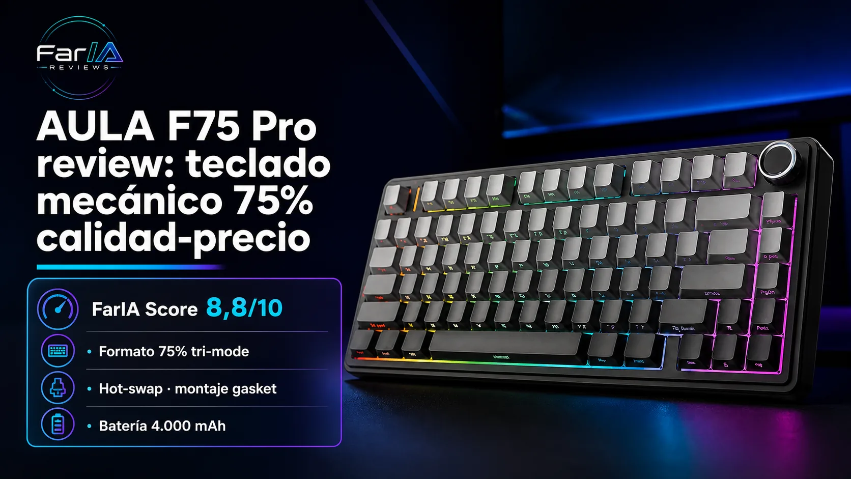 AULA F75 Pro review: teclado mecánico 75% calidad-precio · infografía Image 2.0 con especificaciones, valoración y claves de compra FarIA