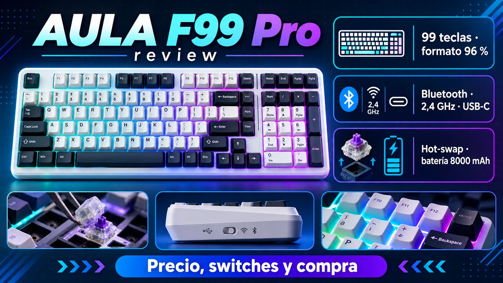 AULA F99 Pro review: precio y dónde comprar: infografía Image 2.0 con especificaciones y claves de compra