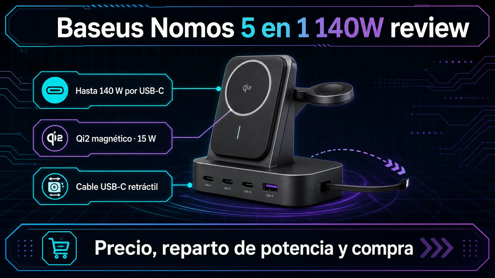 Baseus Nomos 5 en 1 140W review: precio y dónde comprar Baseus Nomos 5 en 1 140W review: precio y dónde comprar: infografía Image 2.0 con especificaciones y claves de compra