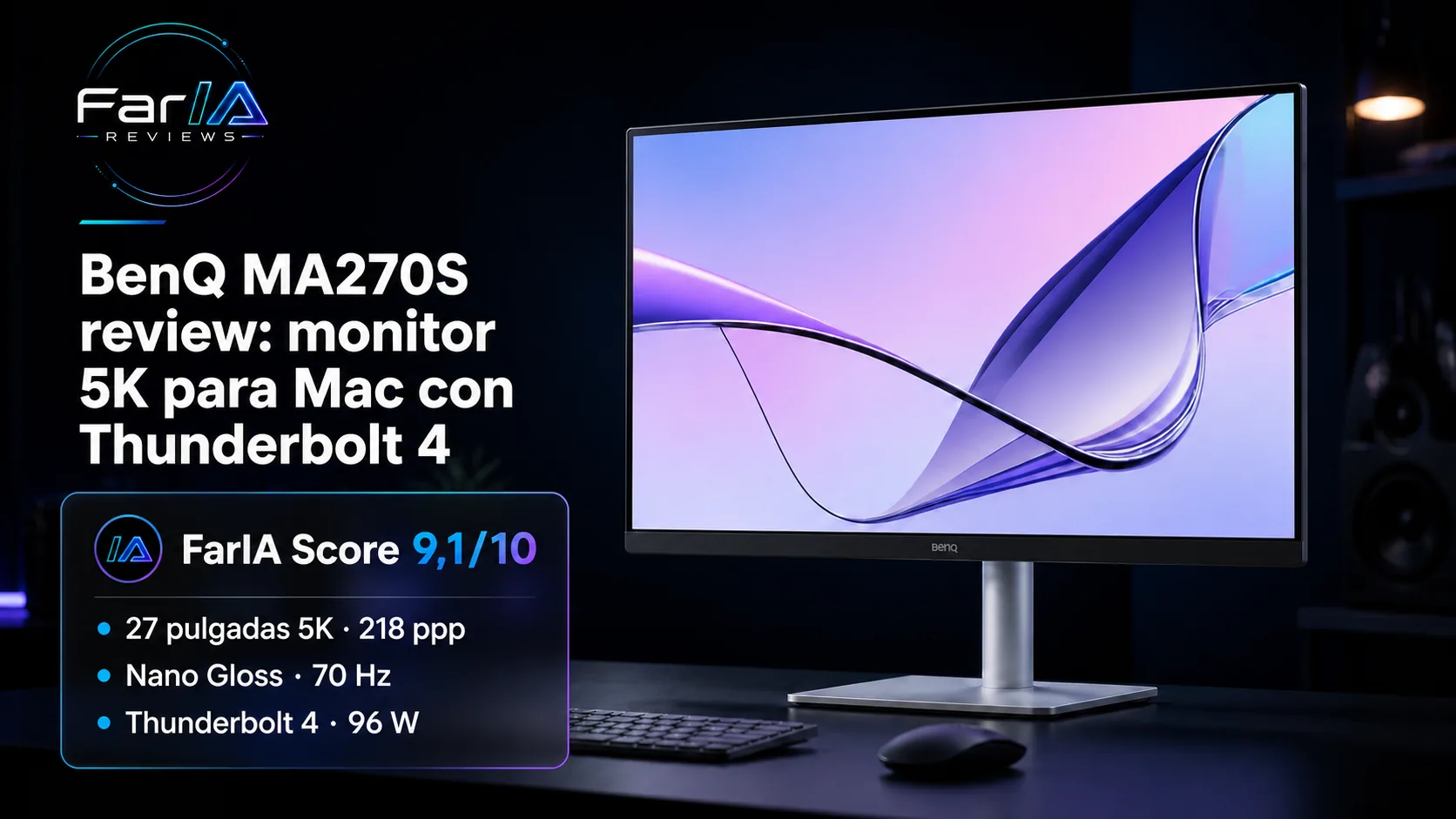 BenQ MA270S review: monitor 5K para Mac con Thunderbolt 4 · infografía Image 2.0 con especificaciones, valoración y claves de compra FarIA
