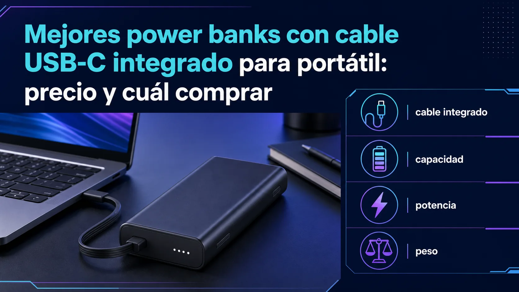 Mejores power banks con cable USB-C integrado para portátil: precio y cuál comprar: infografía Image 2.0 con especificaciones y claves de compra