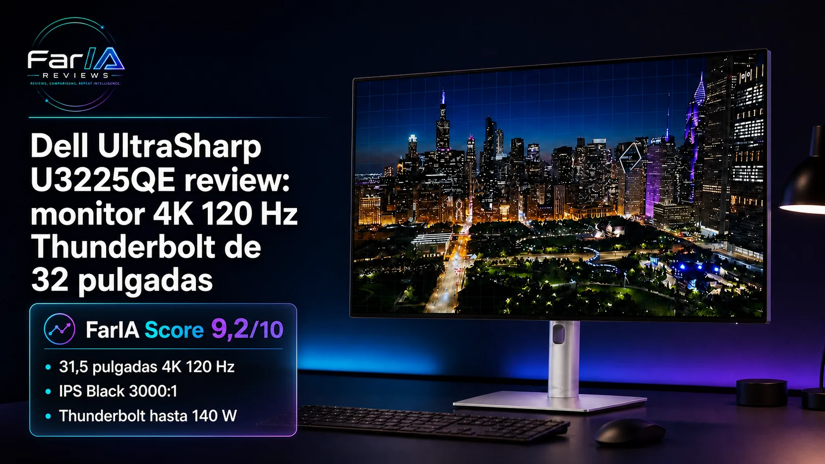 Dell UltraSharp U3225QE review: monitor 4K 120 Hz Thunderbolt de 32 pulgadas · infografía Image 2.0 con especificaciones, valoración y claves de compra FarIA