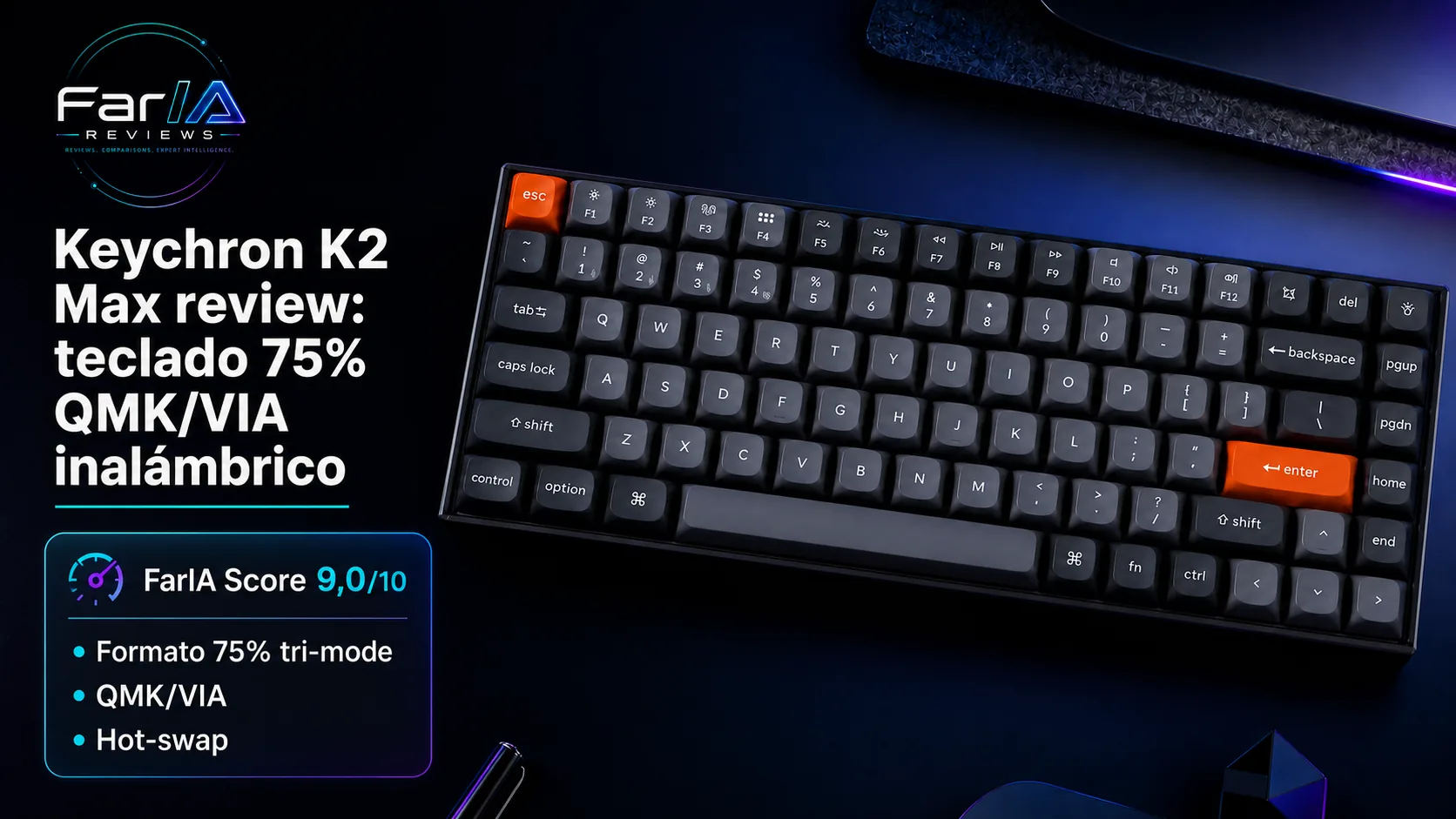 Keychron K2 Max review: teclado 75% QMK/VIA inalámbrico · infografía Image 2.0 con especificaciones, valoración y claves de compra FarIA