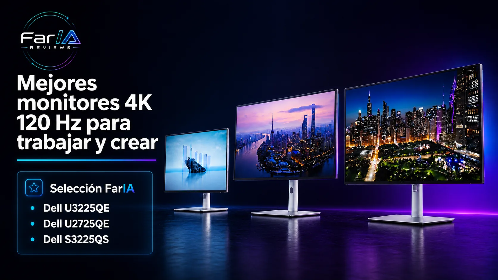 Mejores monitores 4K 120 Hz para trabajar y crear · infografía Image 2.0 con especificaciones, valoración y claves de compra FarIA