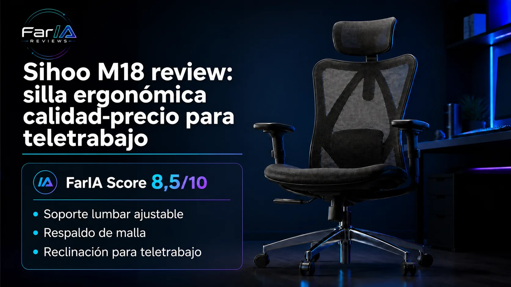 Sihoo M18 review: silla ergonómica calidad-precio para teletrabajo Sihoo M18 review: silla ergonómica calidad-precio para teletrabajo · infografía Image 2.0 con especificaciones, valoración y claves de compra FarIA