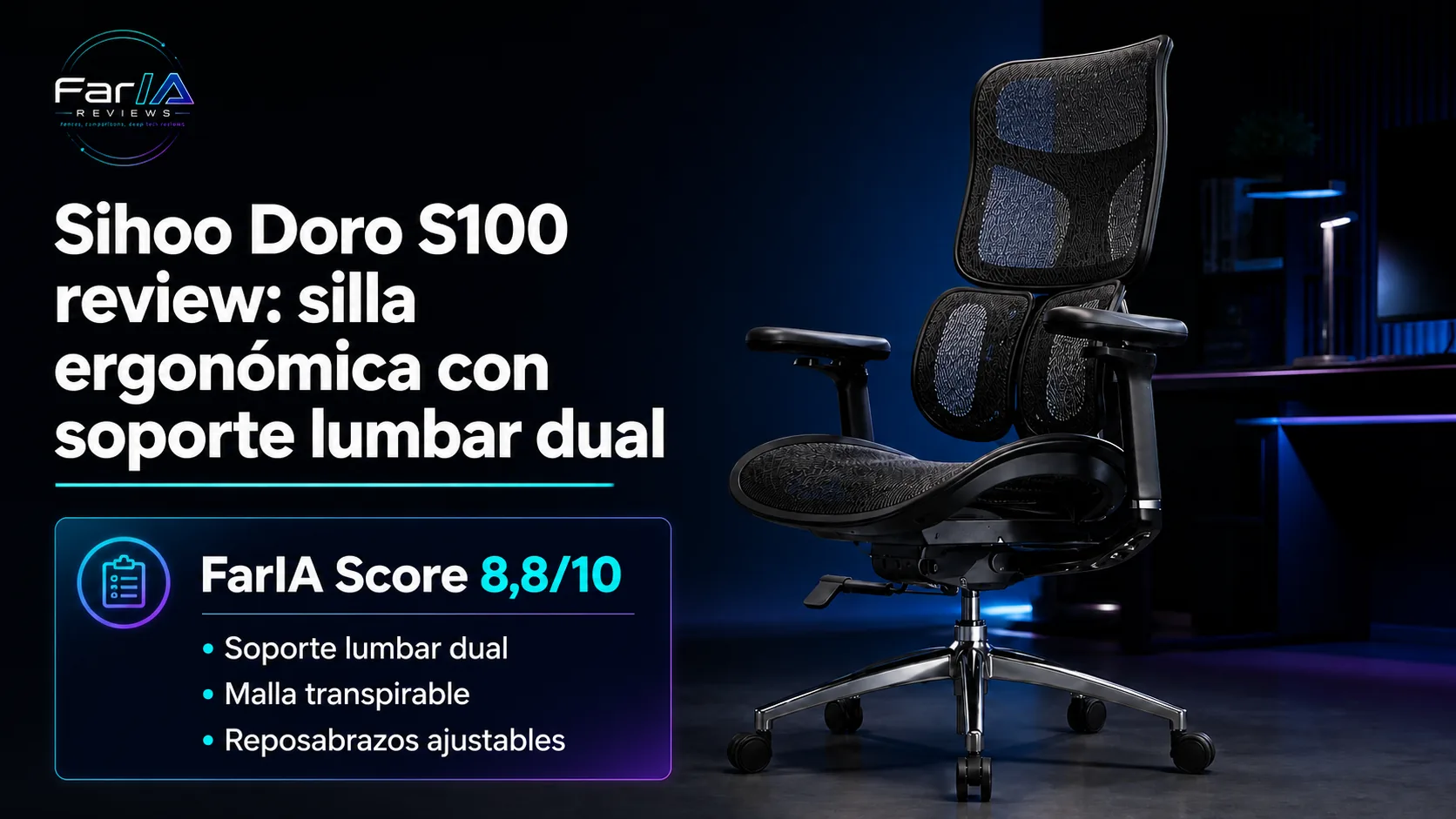 Sihoo Doro S100 review: silla ergonómica con soporte lumbar dual · infografía Image 2.0 con especificaciones, valoración y claves de compra FarIA