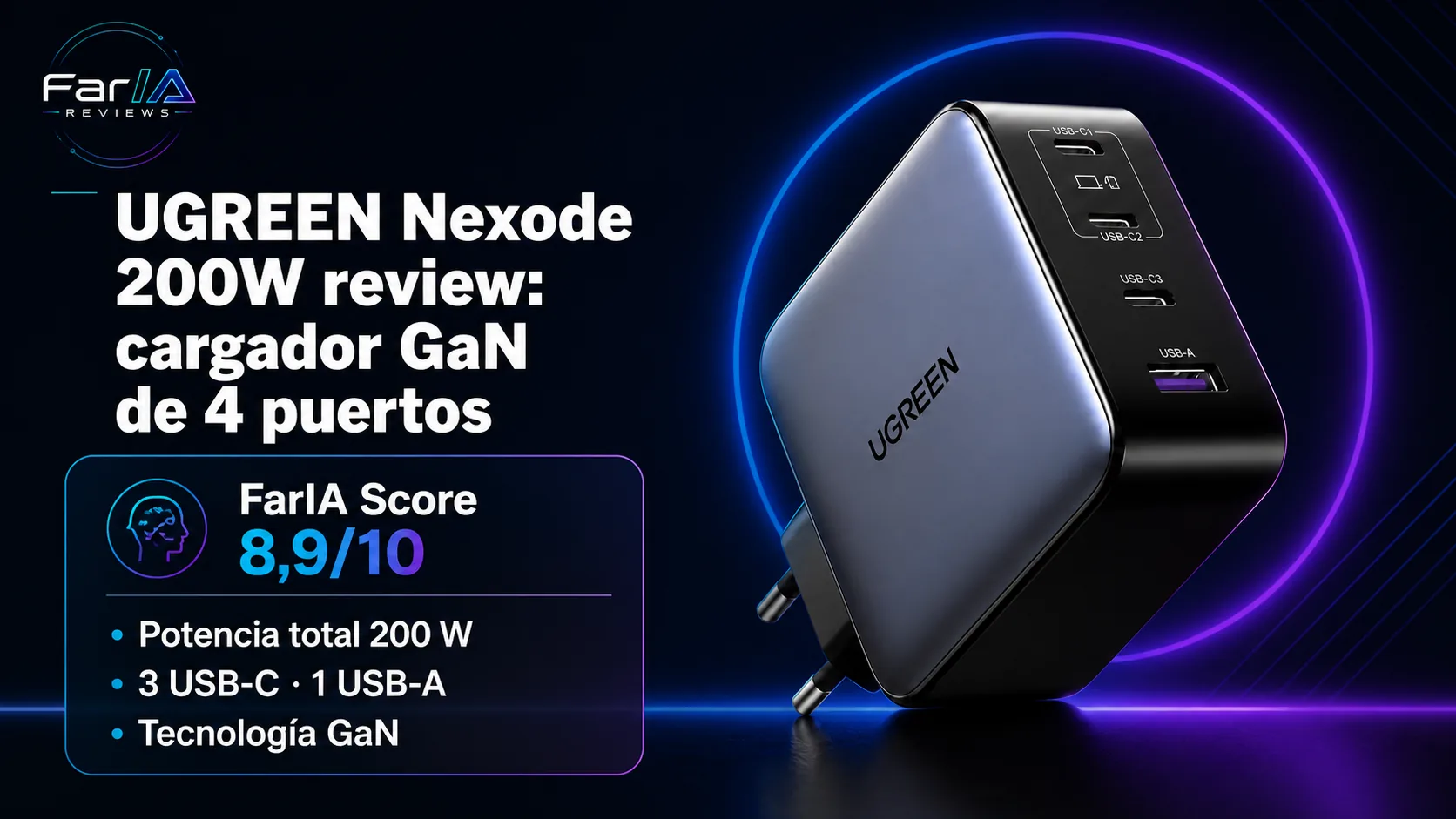 UGREEN Nexode 200W review: cargador GaN de 4 puertos · infografía Image 2.0 con especificaciones, valoración y claves de compra FarIA