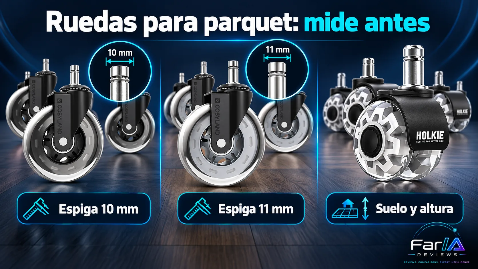Mejores ruedas silenciosas para silla de oficina y parquet: 10 u 11 mm: infografía Image 2.0 con especificaciones y claves de compra
