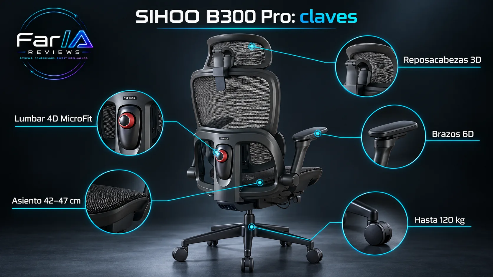 SIHOO B300 Pro review: precio, lumbar 4D y dónde comprar: infografía Image 2.0 con especificaciones y claves de compra